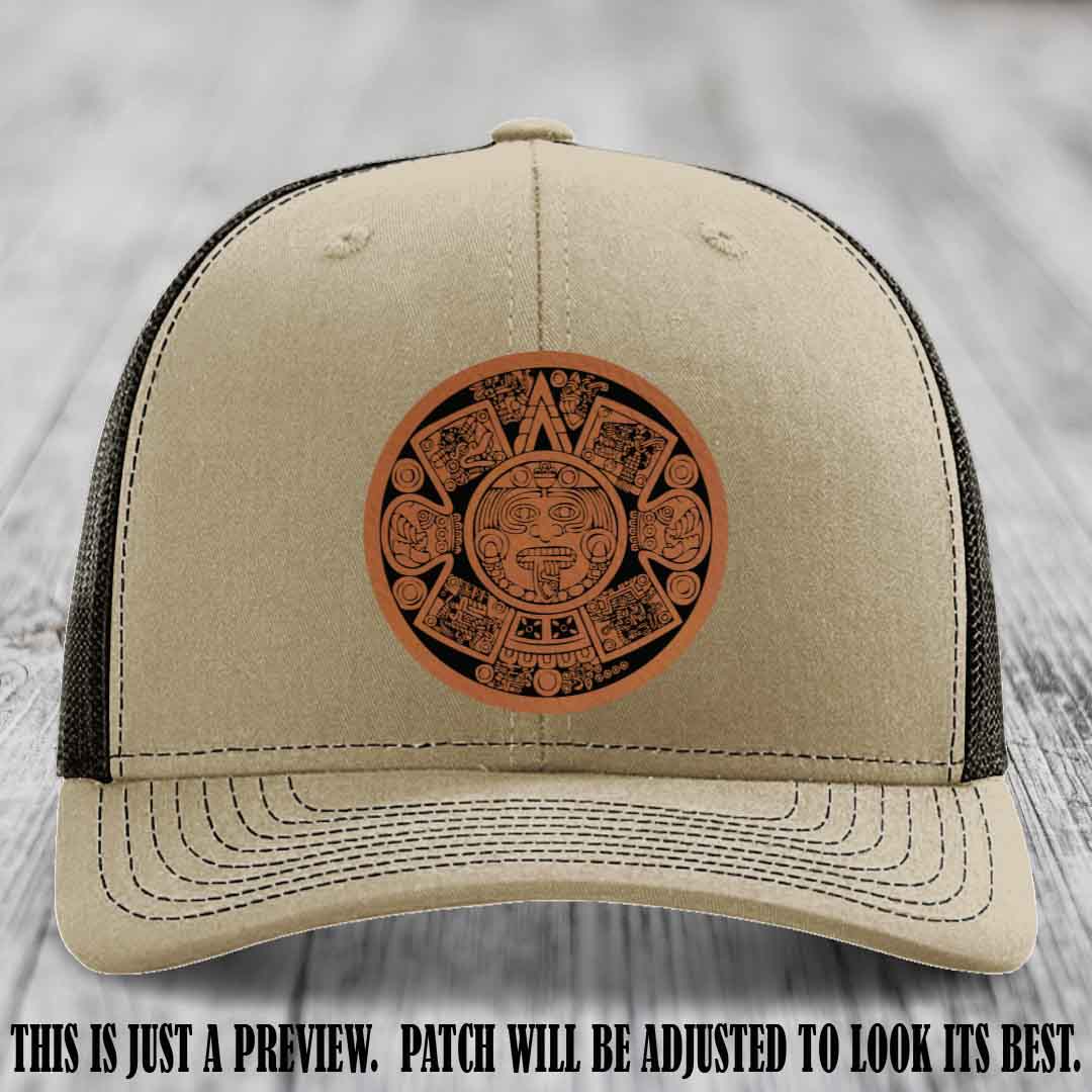 Aztec Vibes Rawhide to Black Patch Leather patch on Khaki to Coffee Hat Richardson 112 custom trucker hat
