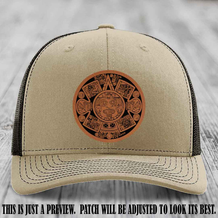 Aztec Vibes Rawhide to Black Patch Leather patch on Khaki to Coffee Hat Richardson 112 custom trucker hat