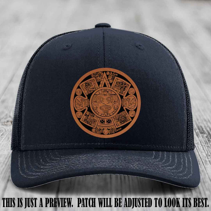 Aztec Vibes Rawhide to Black Patch Leather patch on Navy Hat Richardson 112 custom trucker hat