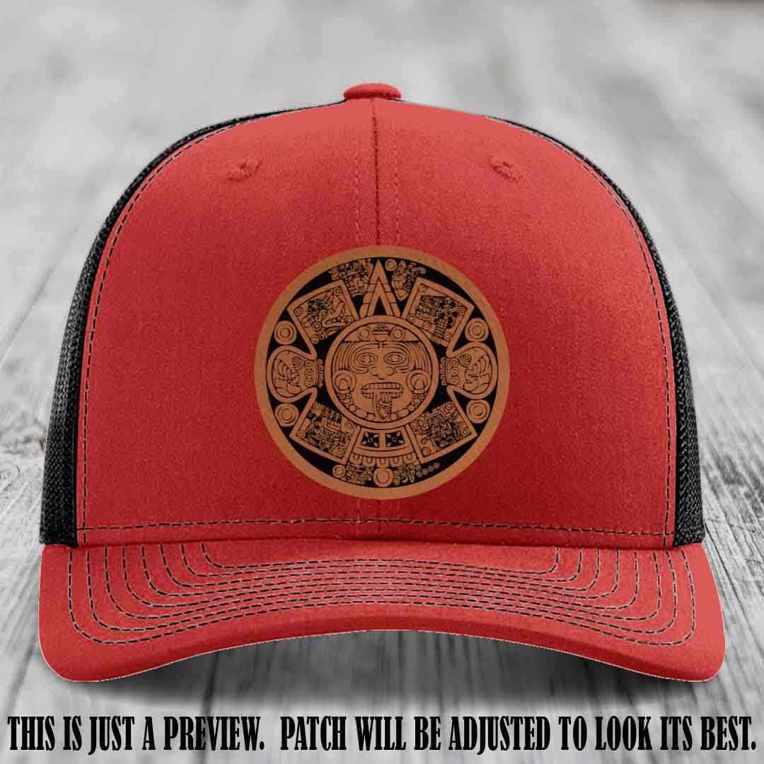 Aztec Vibes Rawhide to Black Patch Leather patch on Red to Black Hat Richardson 112 custom trucker hat
