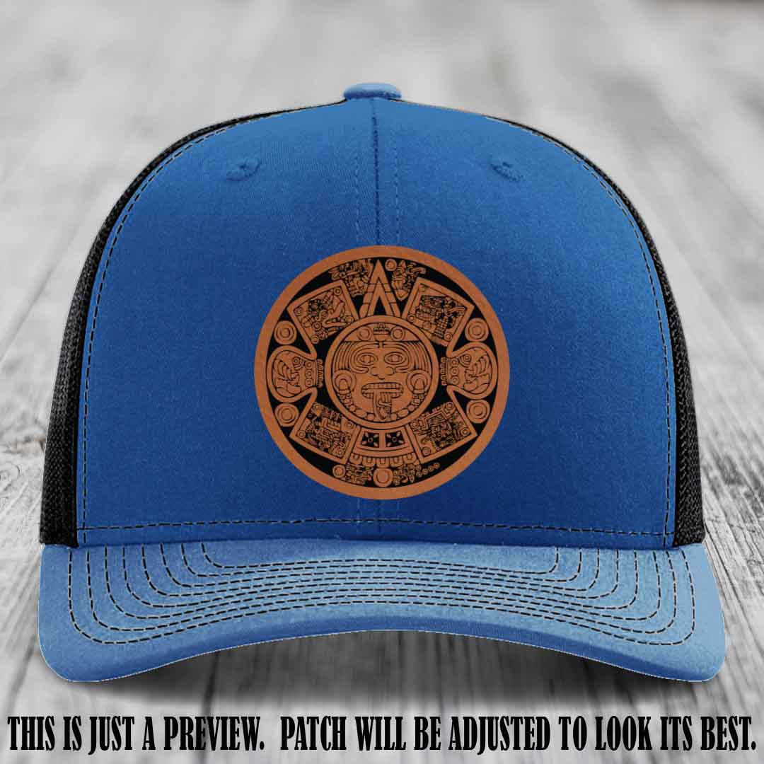 Aztec Vibes Rawhide to Black Patch Leather patch on Royal to Black Hat Richardson 112 custom trucker hat