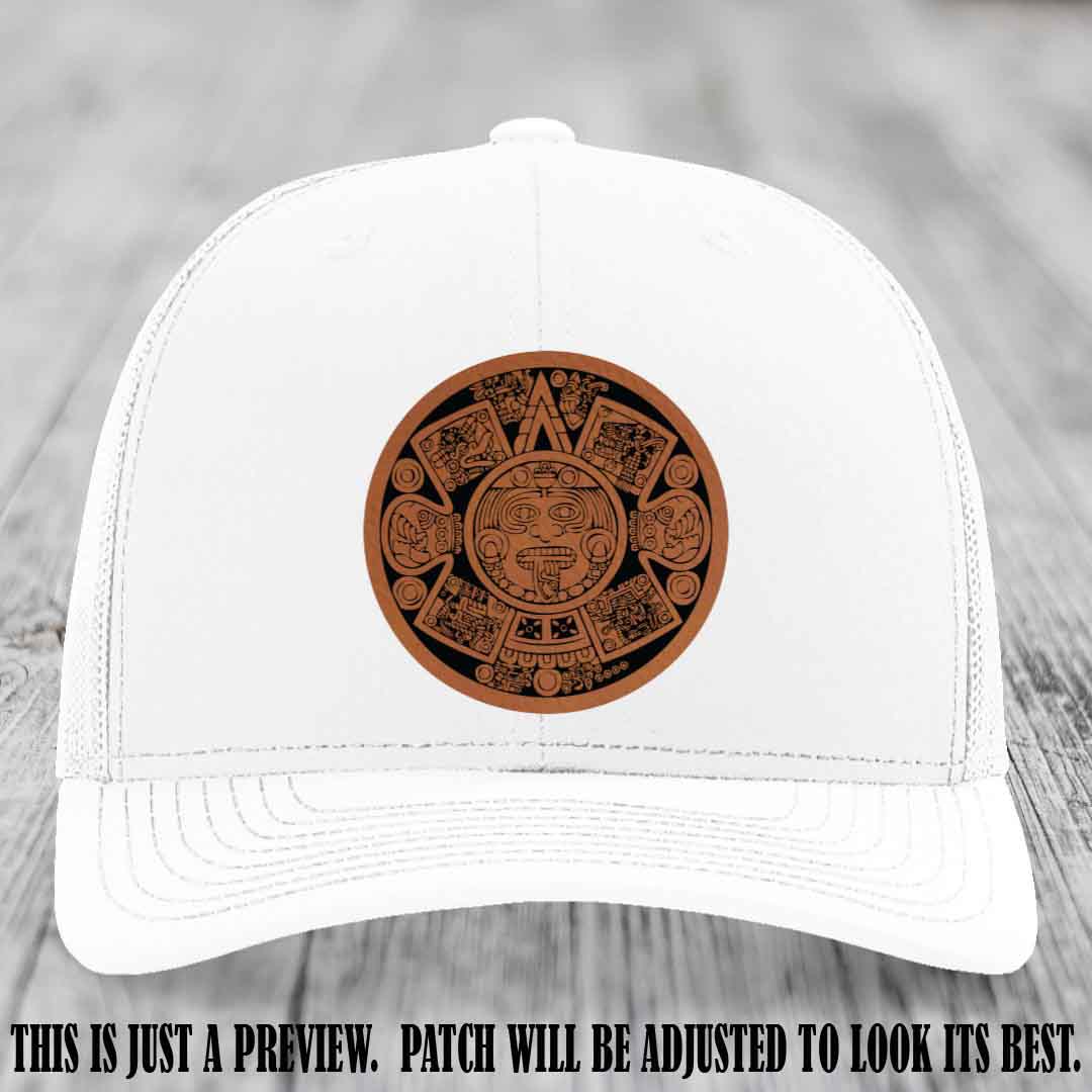 Aztec Vibes Rawhide to Black Patch Leather patch on White Hat Richardson 112 custom trucker hat