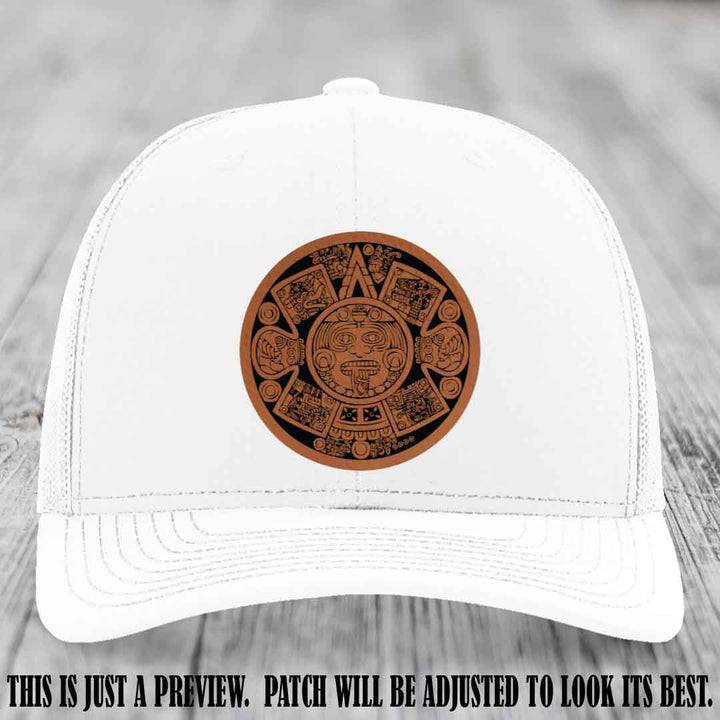 Aztec Vibes Rawhide to Black Patch Leather patch on White Hat Richardson 112 custom trucker hat