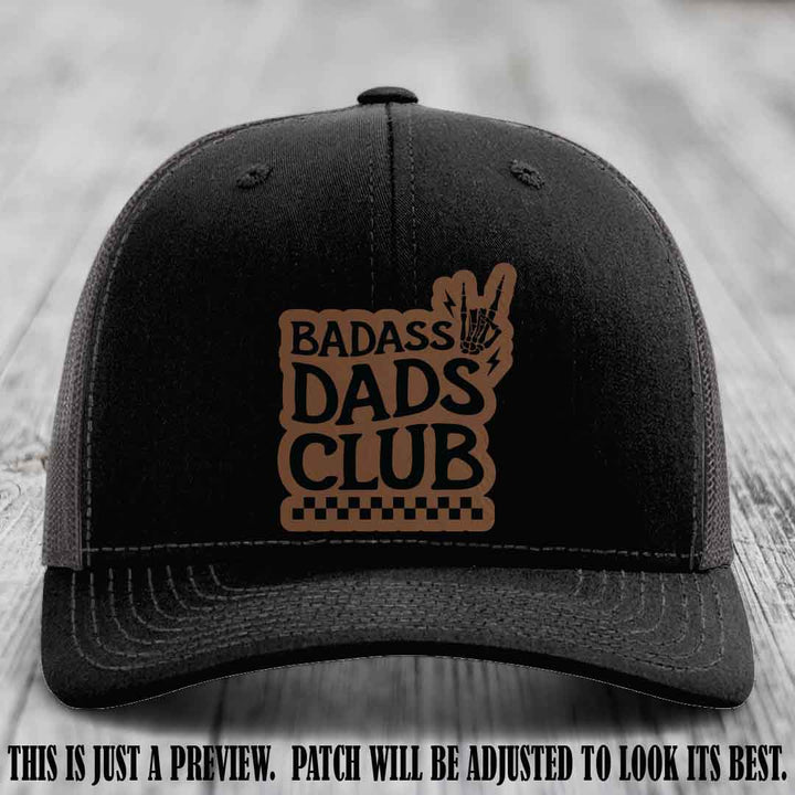 Badass Dads Club Dark Brown to Black Patch Leather Patch on Black to Charcoal Hat Richardson 112 Hat