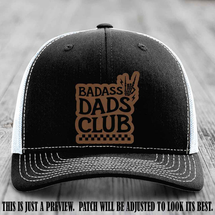 Badass Dads Club Dark Brown to Black Patch Leather Patch on Black to White Hat Richardson 112 Hat