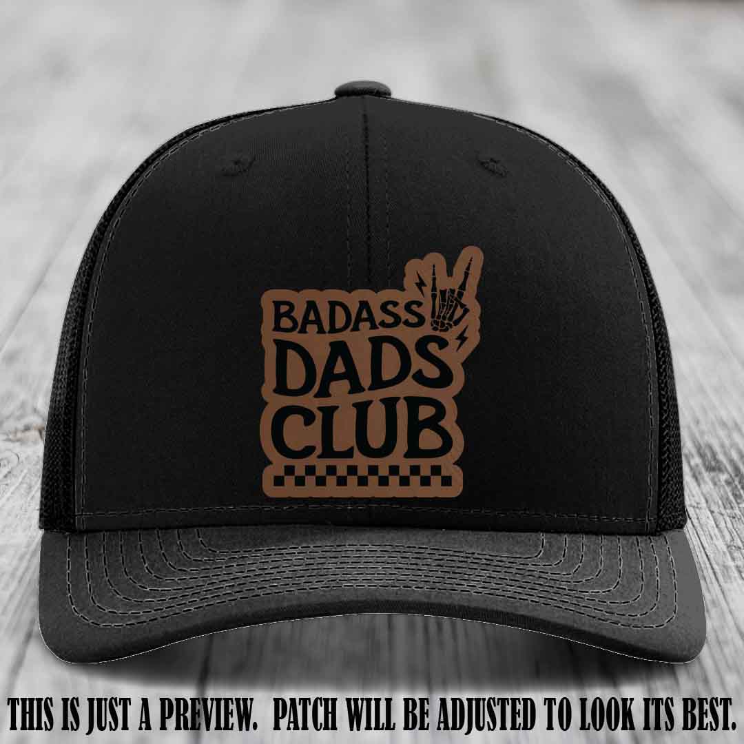 Badass Dads Club Dark Brown to Black Patch Leather Patch on Black Hat Richardson 112 Hat