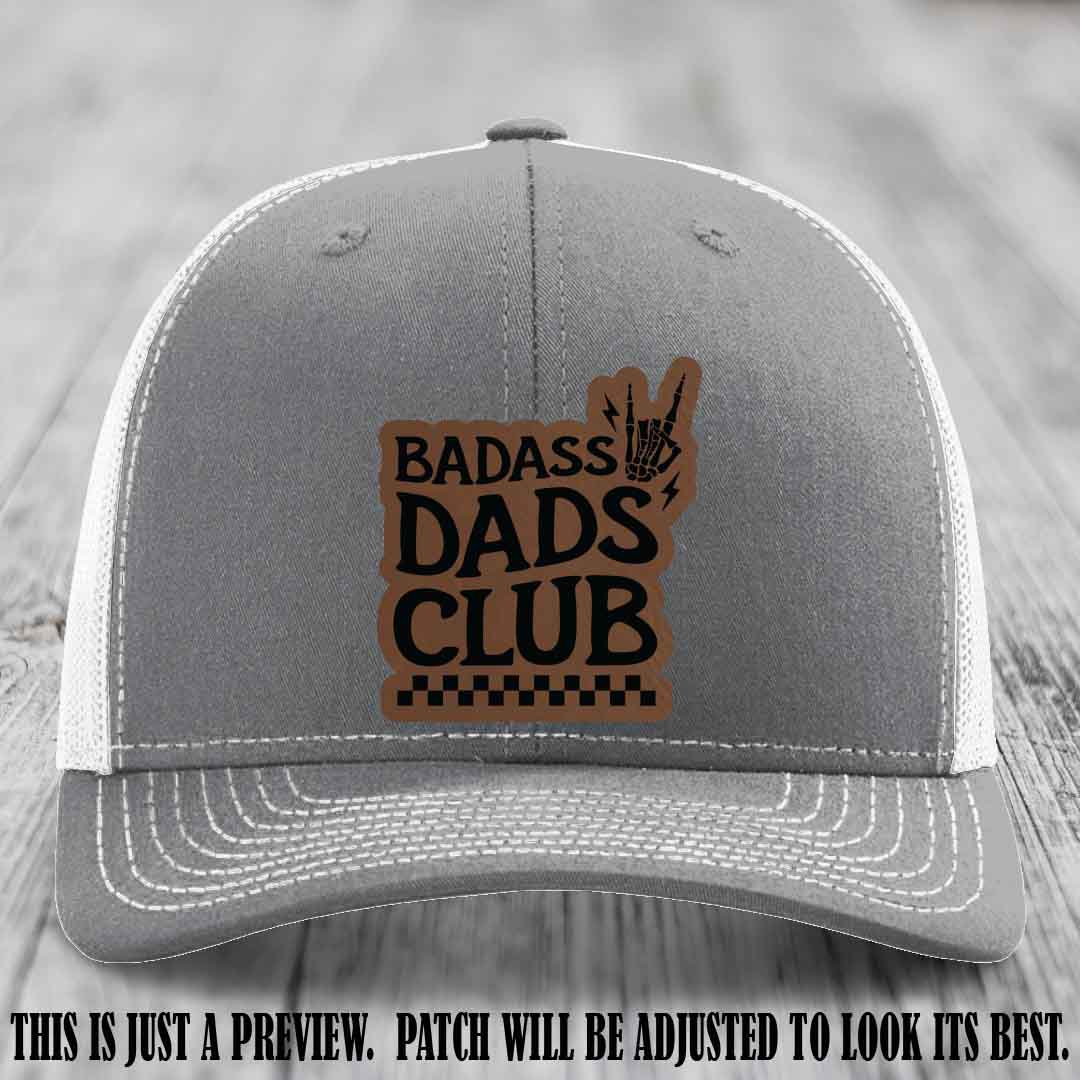Badass Dads Club Dark Brown to Black Patch Leather Patch on Heather Grey to White Hat Richardson 112 Hat