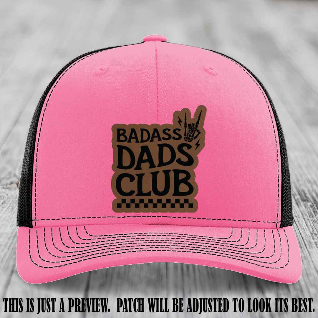 Badass Dads Club Dark Brown to Black Patch Leather Patch on Hot Pink to Black Hat Richardson 112 Hat