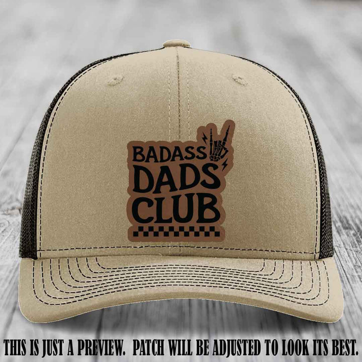 Badass Dads Club Dark Brown to Black Patch Leather Patch on Khaki to Coffee Hat Richardson 112 Hat
