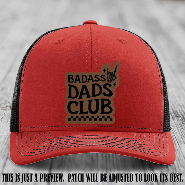 Badass Dads Club Dark Brown to Black Patch Leather Patch on Red to Black Hat Richardson 112 Hat