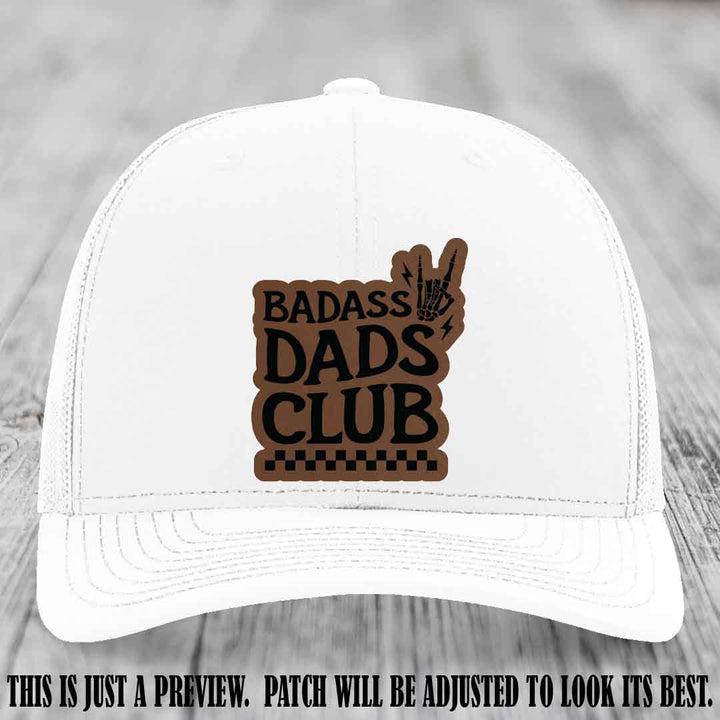 Badass Dads Club Dark Brown to Black Patch Leather Patch on White Hat Richardson 112 Hat