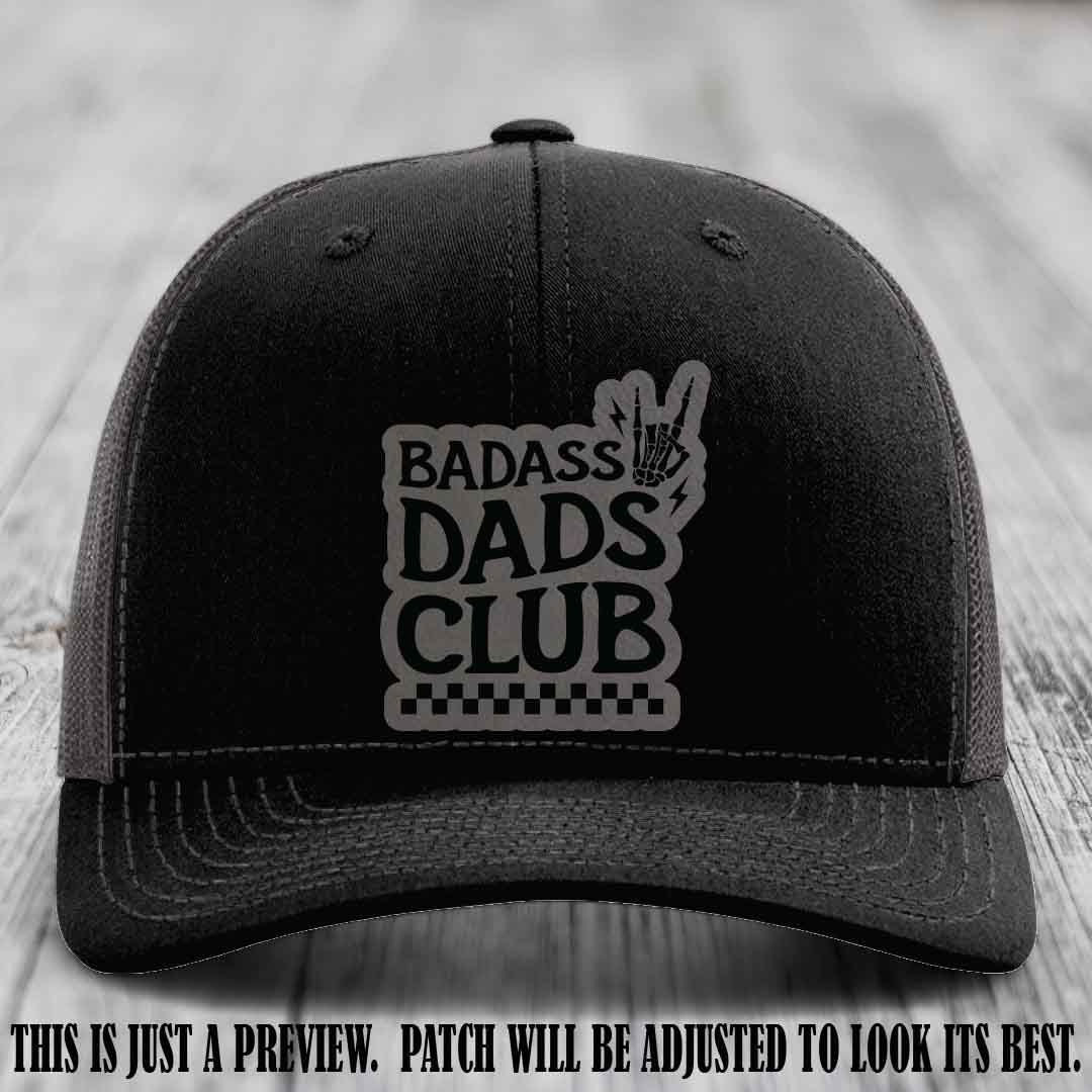 Badass Dads Club Grey to Black Patch Leather Patch on Black to Charcoal Hat Richardson 112 Hat