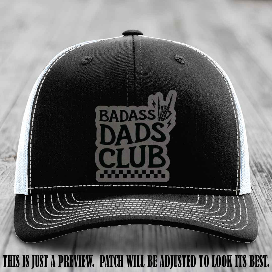 Badass Dads Club Grey to Black Patch Leather Patch on Black to White Hat Richardson 112 Hat