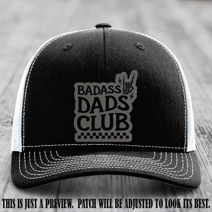 Badass Dads Club Grey to Black Patch Leather Patch on Black to White Hat Richardson 112 Hat