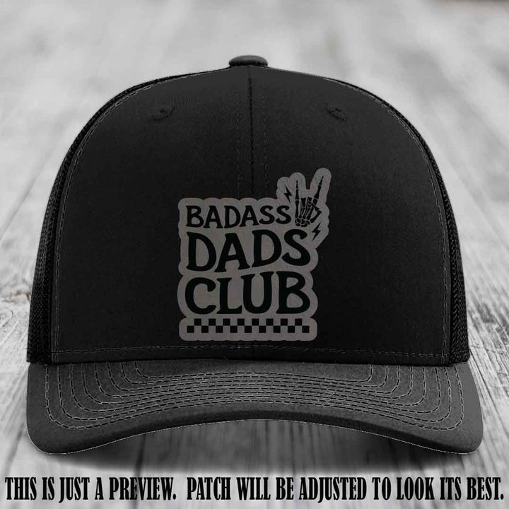 Badass Dads Club Grey to Black Patch Leather Patch on Black Hat Richardson 112 Hat