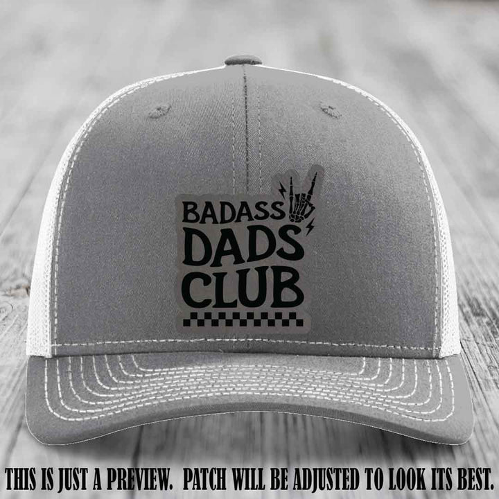 Badass Dads Club Grey to Black Patch Leather Patch on Heather Grey to White Hat Richardson 112 Hat