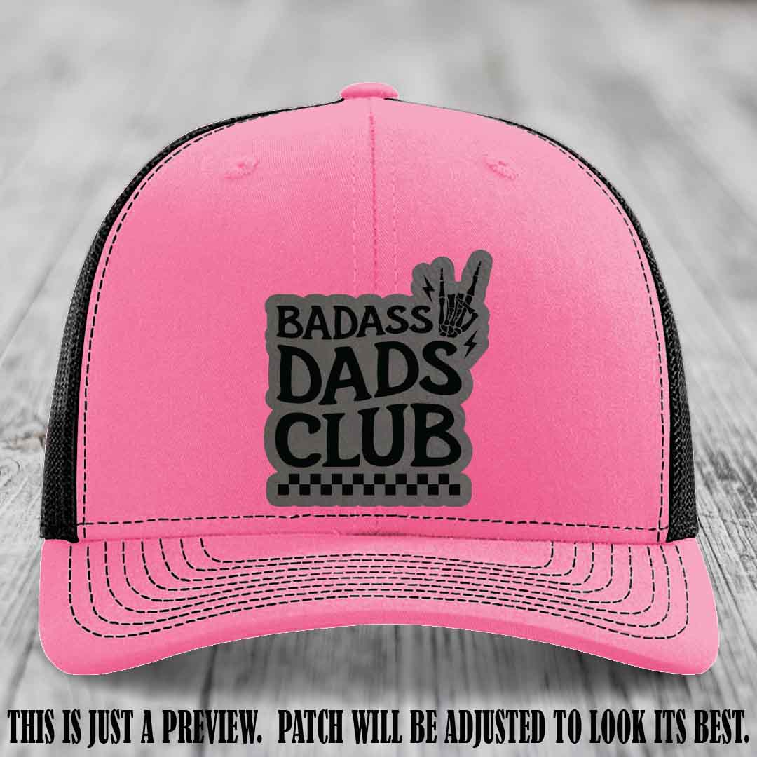 Badass Dads Club Grey to Black Patch Leather Patch on Hot Pink to Black Hat Richardson 112 Hat