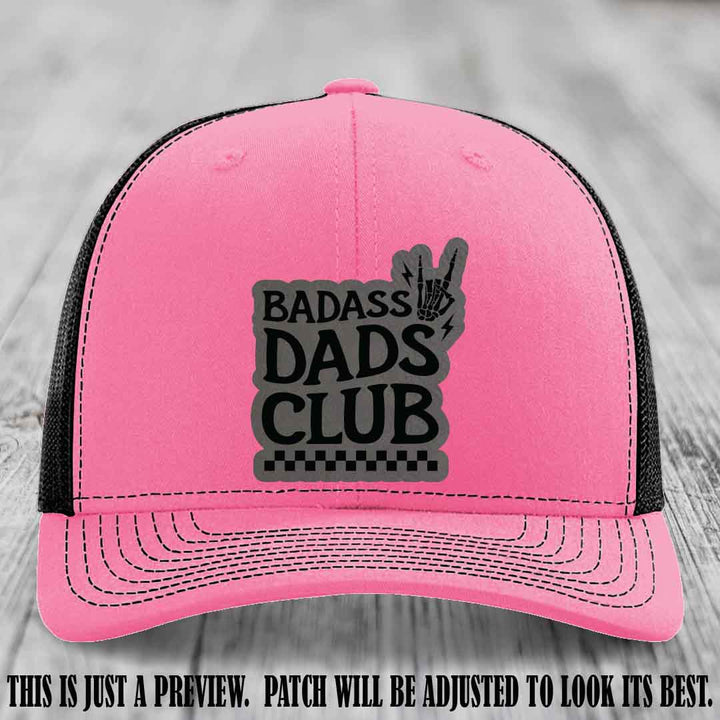 Badass Dads Club Grey to Black Patch Leather Patch on Hot Pink to Black Hat Richardson 112 Hat