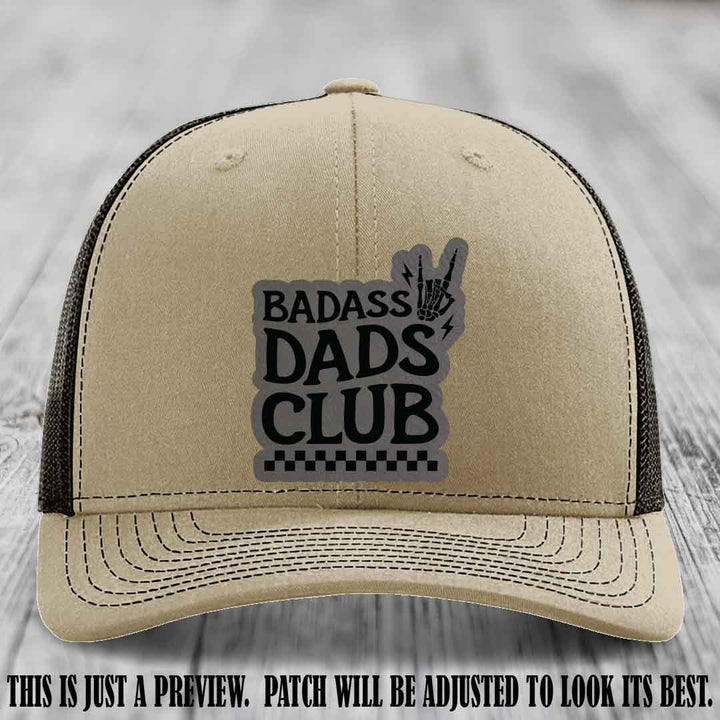 Badass Dads Club Grey to Black Patch Leather Patch on Khaki to Coffee Hat Richardson 112 Hat