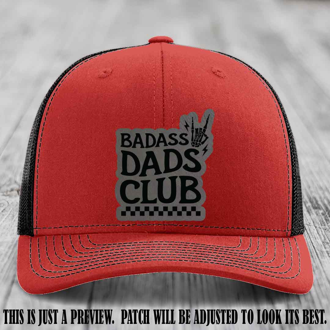 Badass Dads Club Grey to Black Patch Leather Patch on Red to Black Hat Richardson 112 Hat