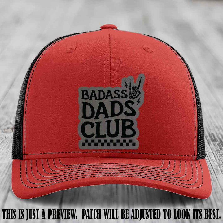 Badass Dads Club Grey to Black Patch Leather Patch on Red to Black Hat Richardson 112 Hat