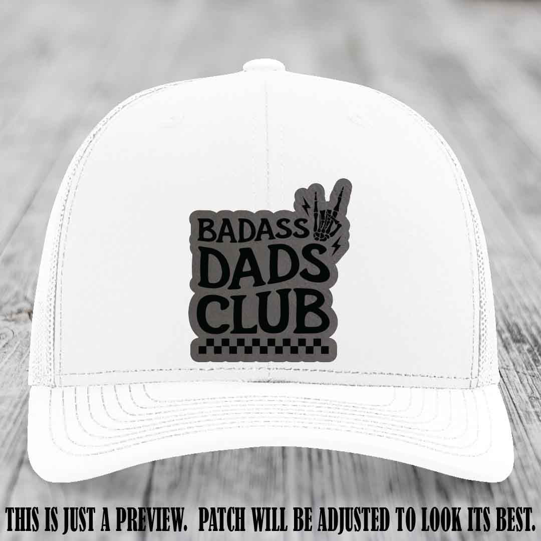 Badass Dads Club Grey to Black Patch Leather Patch on White Hat Richardson 112 Hat