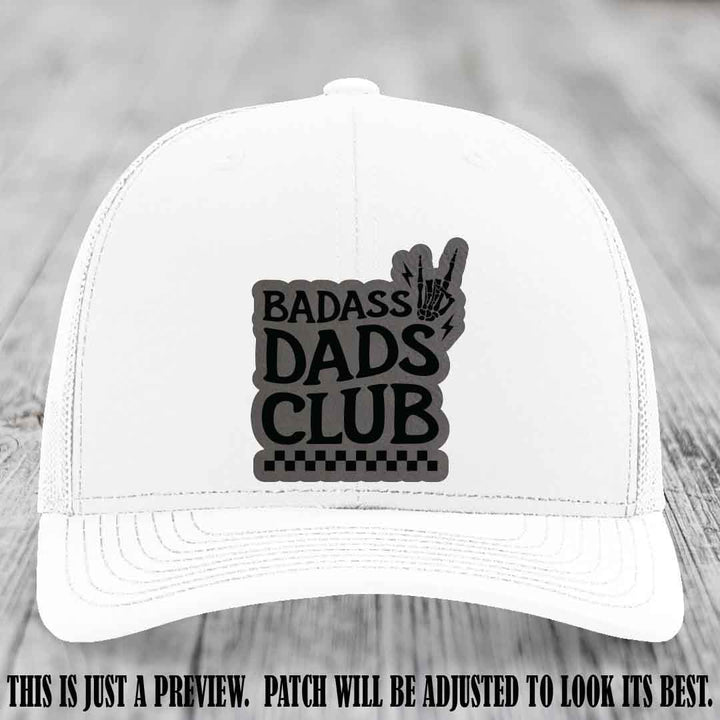 Badass Dads Club Grey to Black Patch Leather Patch on White Hat Richardson 112 Hat