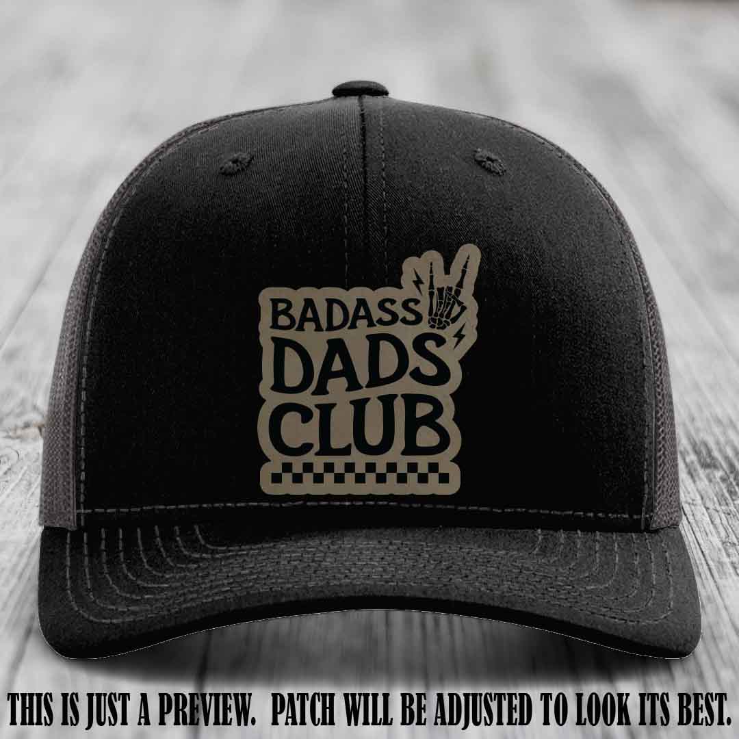 Badass Dads Club Light Brown to Black Patch Leather Patch on Black to Charcoal Hat Richardson 112 Hat