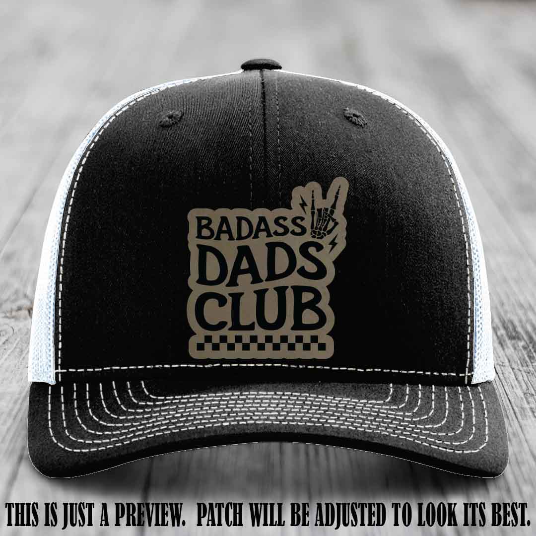 Badass Dads Club Light Brown to Black Patch Leather Patch on Black to White Hat Richardson 112 Hat