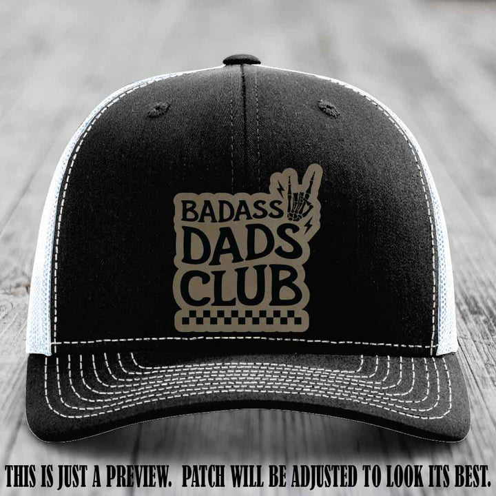 Badass Dads Club Light Brown to Black Patch Leather Patch on Black to White Hat Richardson 112 Hat