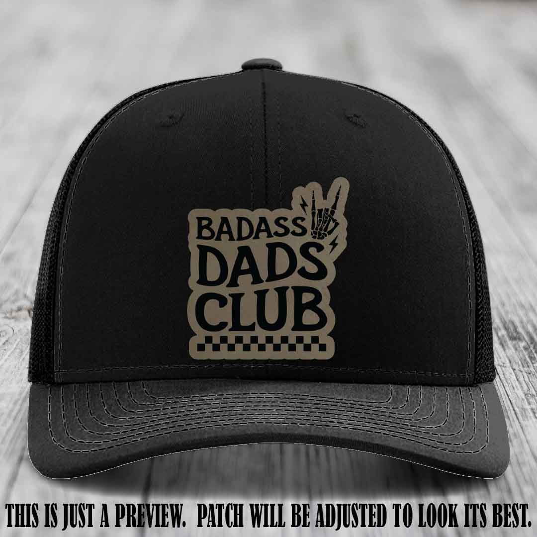 Badass Dads Club Light Brown to Black Patch Leather Patch on Black Hat Richardson 112 Hat