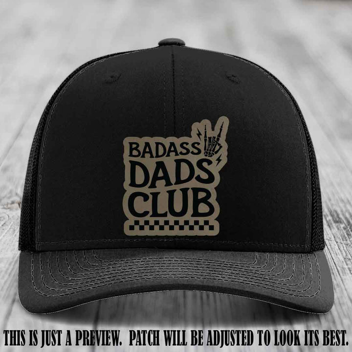 Badass Dads Club Light Brown to Black Patch Leather Patch on Black Hat Richardson 112 Hat