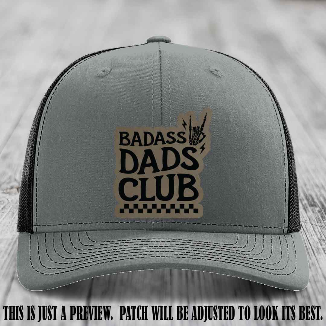 Badass Dads Club Light Brown to Black Patch Leather Patch on Heather Grey to Black Hat Richardson 112 Hat