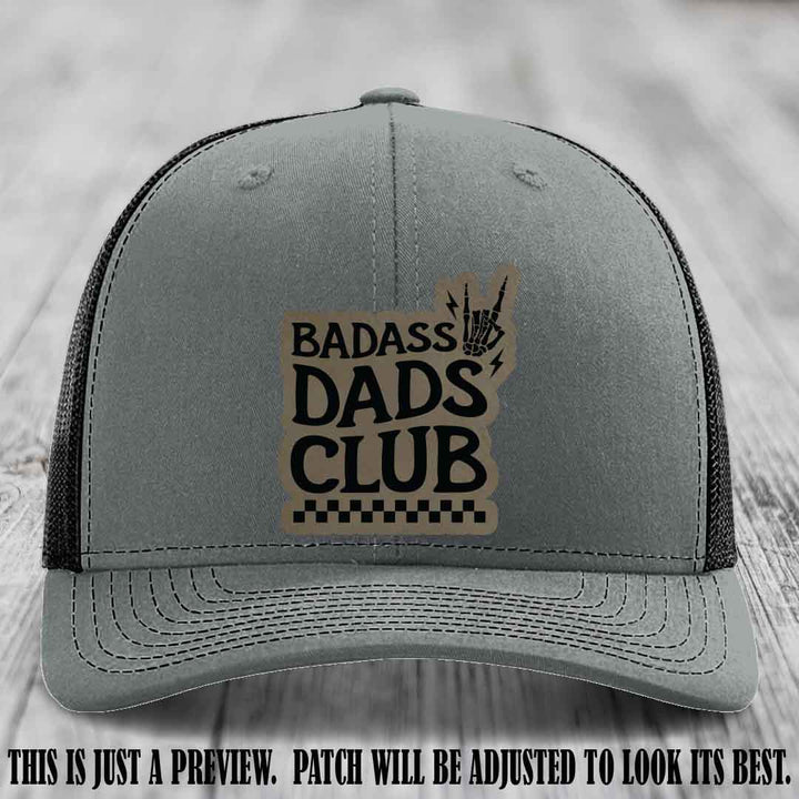 Badass Dads Club Light Brown to Black Patch Leather Patch on Heather Grey to Black Hat Richardson 112 Hat