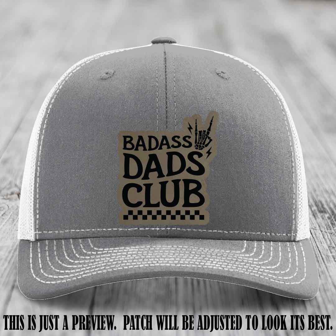Badass Dads Club Light Brown to Black Patch Leather Patch on Heather Grey to White Hat Richardson 112 Hat
