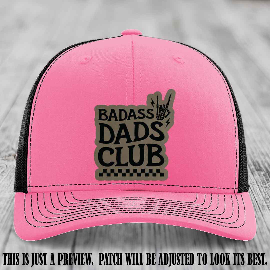 Badass Dads Club Light Brown to Black Patch Leather Patch on Hot Pink to Black Hat Richardson 112 Hat