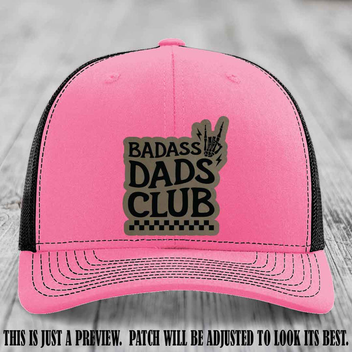 Badass Dads Club Light Brown to Black Patch Leather Patch on Hot Pink to Black Hat Richardson 112 Hat