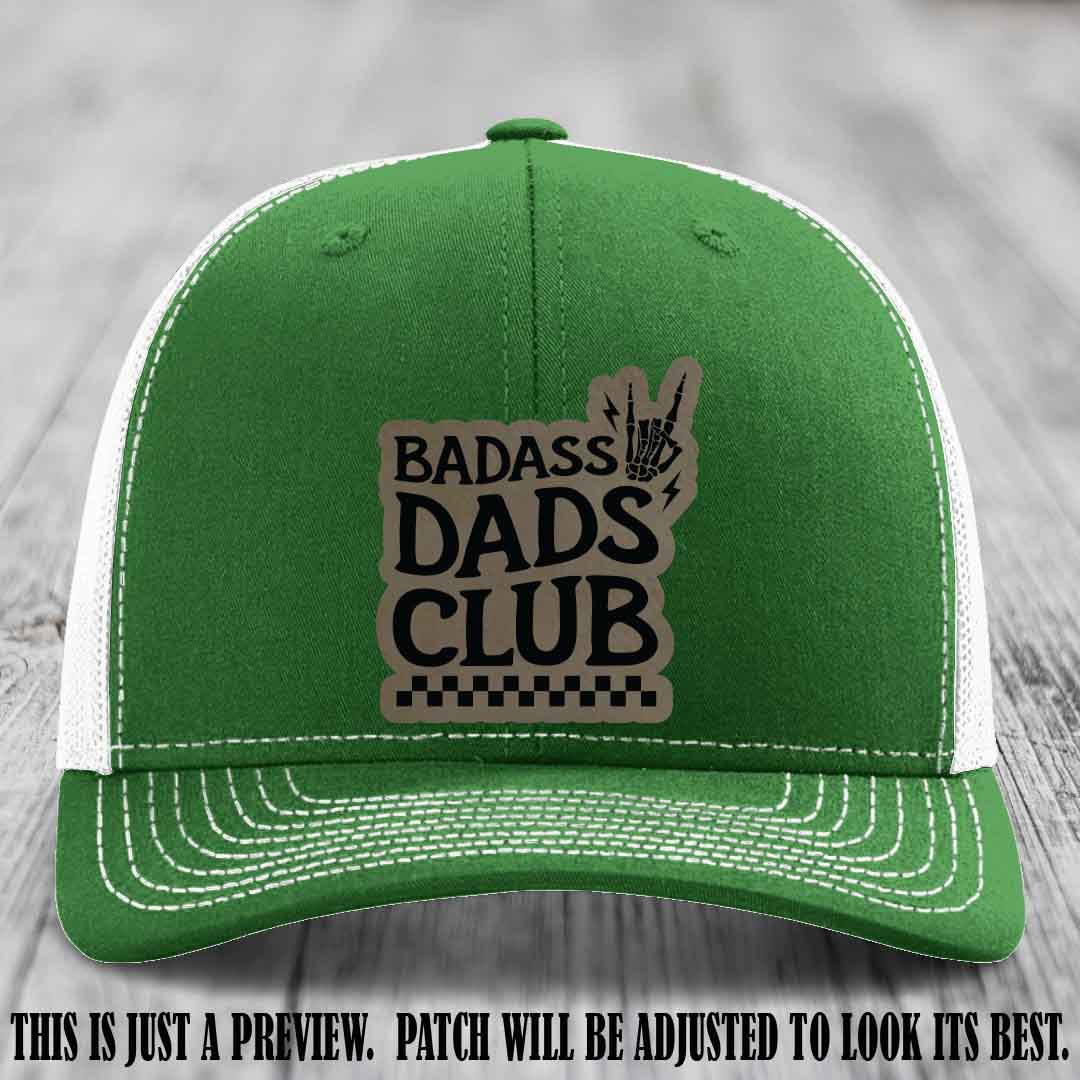 Badass Dads Club Light Brown to Black Patch Leather Patch on Kelly to White Hat Richardson 112 Hat
