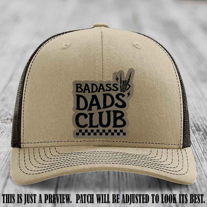 Badass Dads Club Light Brown to Black Patch Leather Patch on Khaki to Coffee Hat Richardson 112 Hat