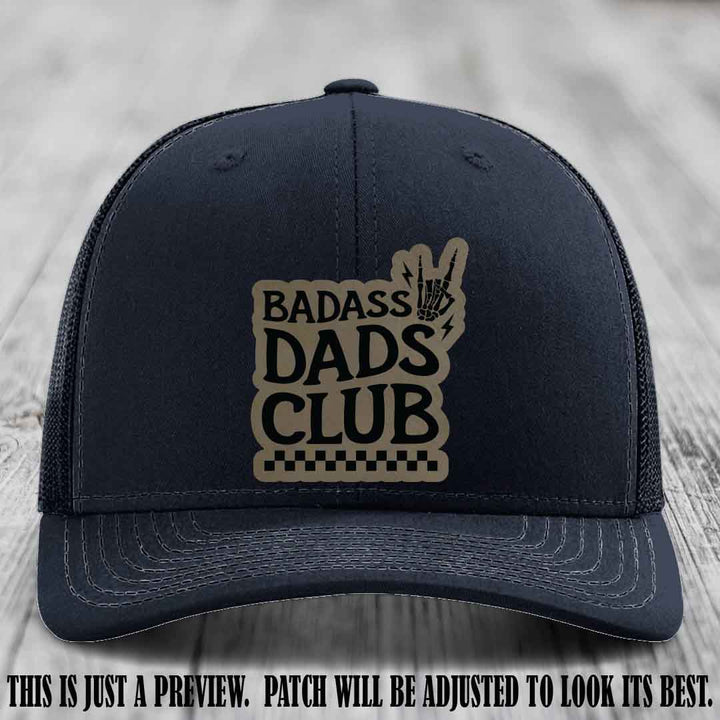 Badass Dads Club Light Brown to Black Patch Leather Patch on Navy Hat Richardson 112 Hat