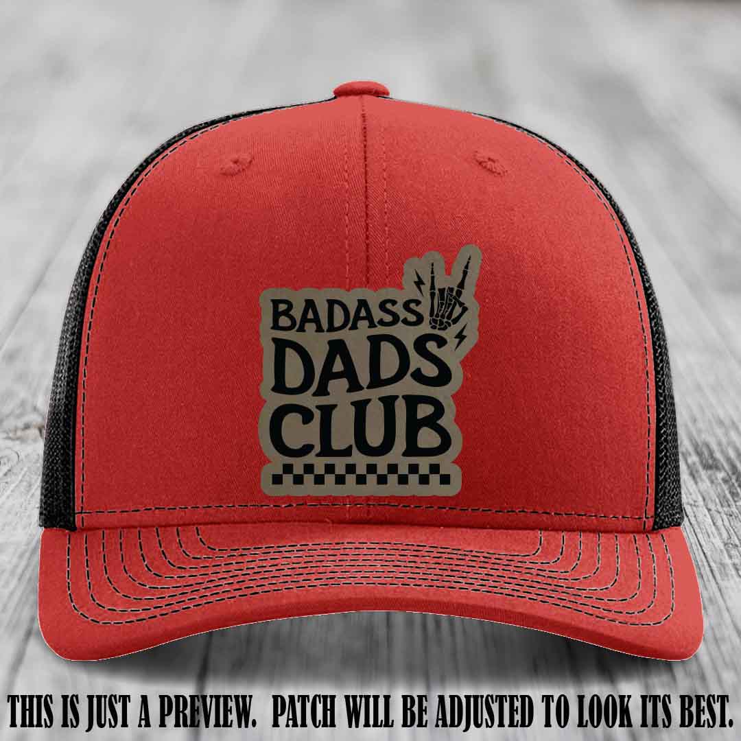 Badass Dads Club Light Brown to Black Patch Leather Patch on Red to Black Hat Richardson 112 Hat