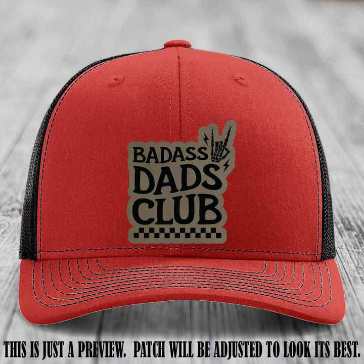 Badass Dads Club Light Brown to Black Patch Leather Patch on Red to Black Hat Richardson 112 Hat