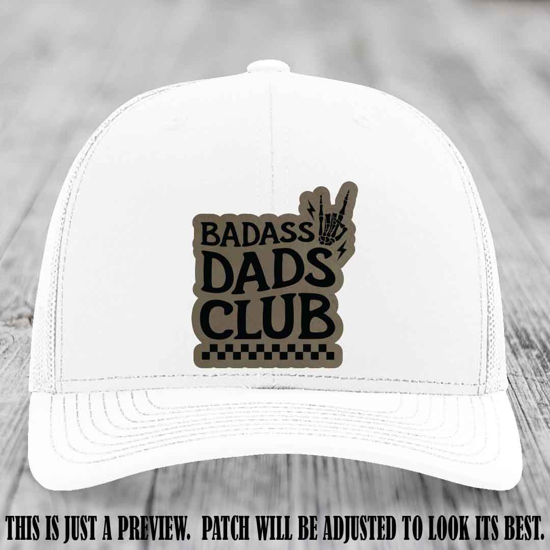 Badass Dads Club Light Brown to Black Patch Leather Patch on White Hat Richardson 112 Hat