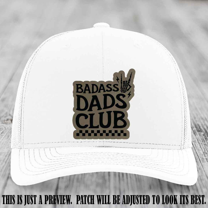 Badass Dads Club Light Brown to Black Patch Leather Patch on White Hat Richardson 112 Hat