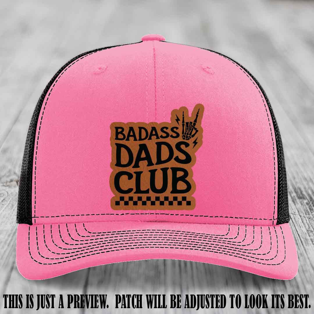 Badass Dads Club Rawhide to Black Patch Leather Patch on Hot Pink to Black Hat Richardson 112 Hat