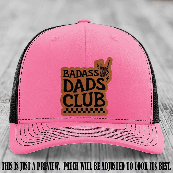 Badass Dads Club Rawhide to Black Patch Leather Patch on Hot Pink to Black Hat Richardson 112 Hat