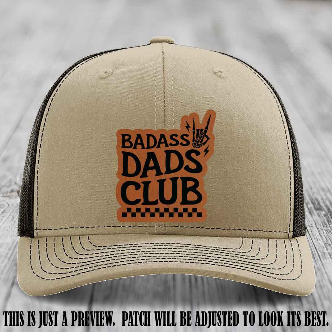 Badass Dads Club Rawhide to Black Patch Leather Patch on Khaki to Coffee Hat Richardson 112 Hat