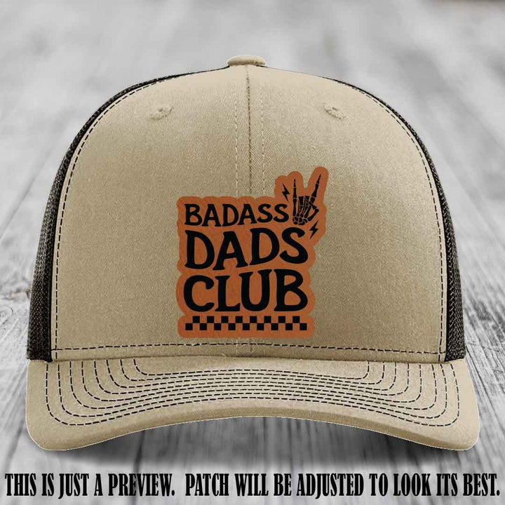 Badass Dads Club Rawhide to Black Patch Leather Patch on Khaki to Coffee Hat Richardson 112 Hat