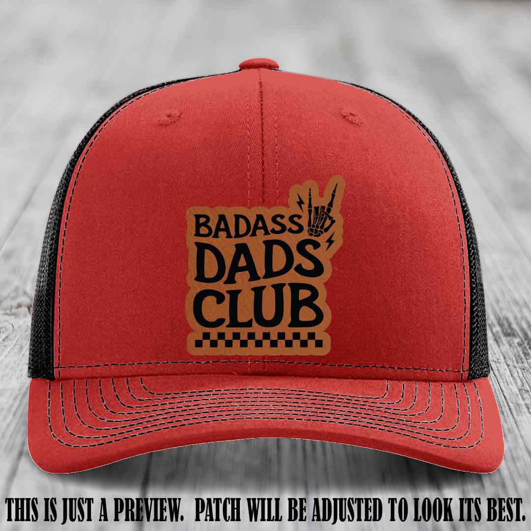 Badass Dads Club Rawhide to Black Patch Leather Patch on Red to Black Hat Richardson 112 Hat