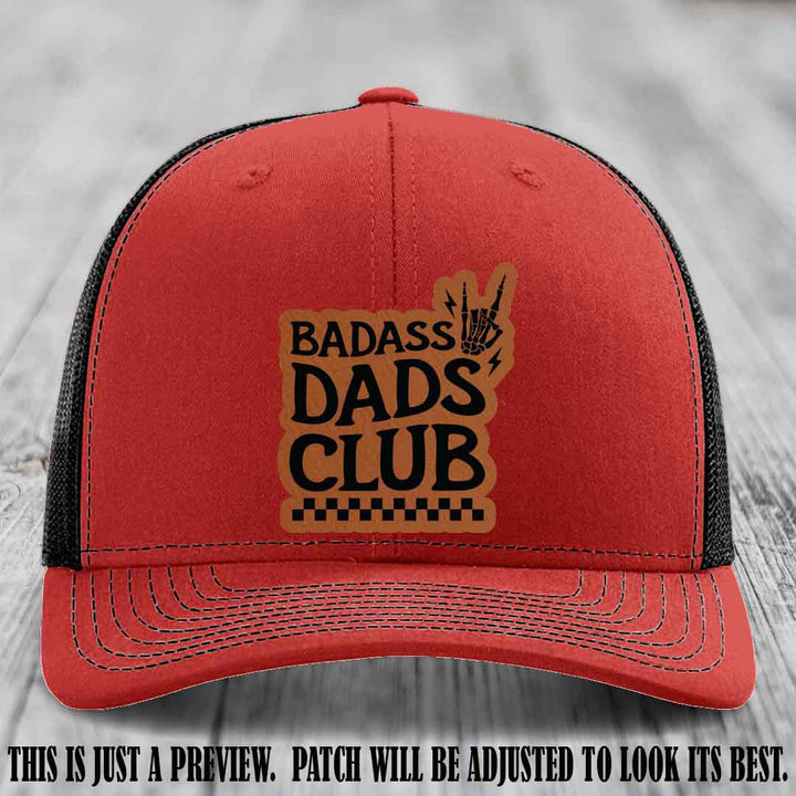 Badass Dads Club Rawhide to Black Patch Leather Patch on Red to Black Hat Richardson 112 Hat